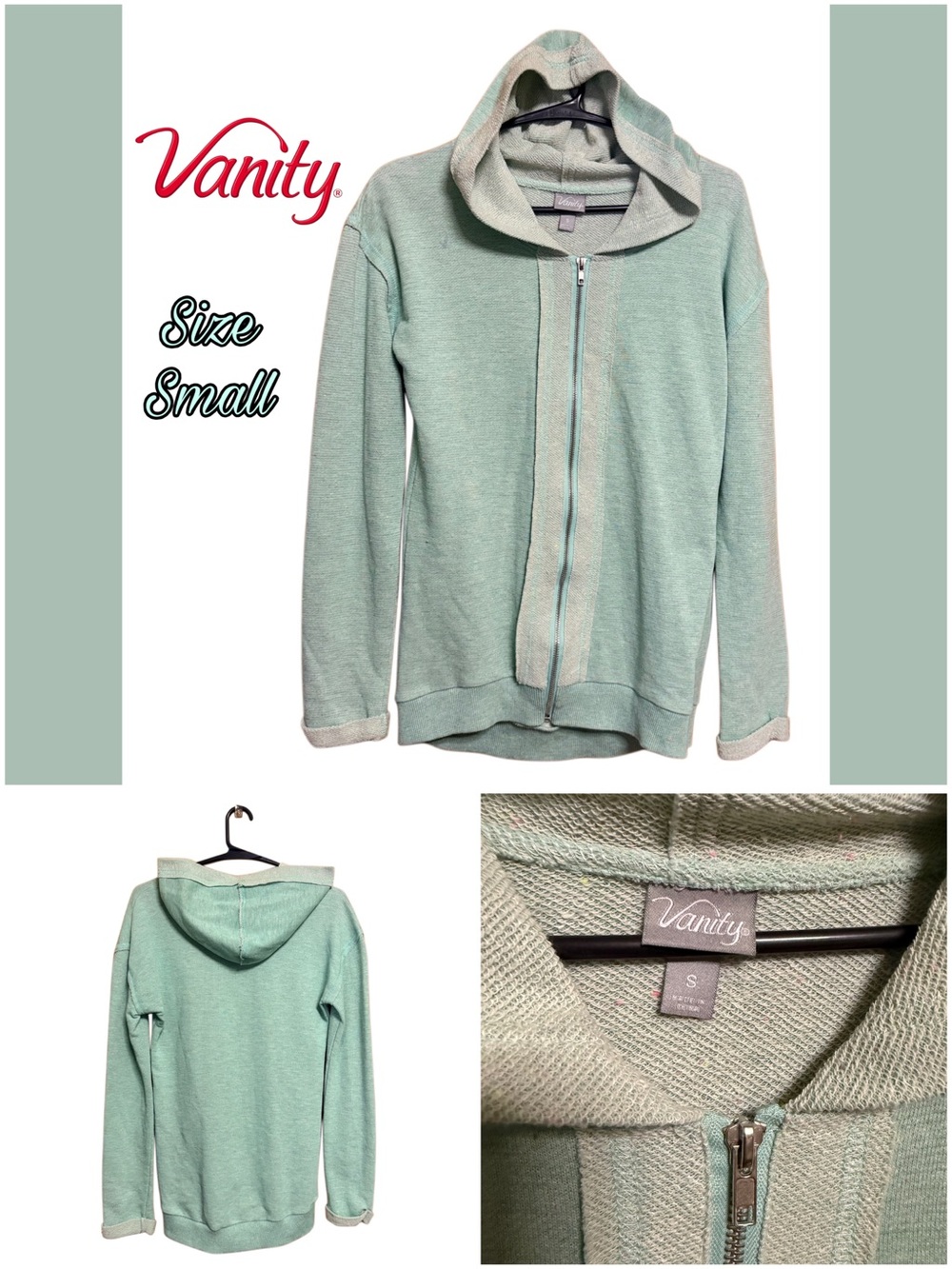 🩵💚🩵 RARE Y2K Vanity Mint Green Hoodie ✨ Pastel Rainbow Thread Zip Up Small